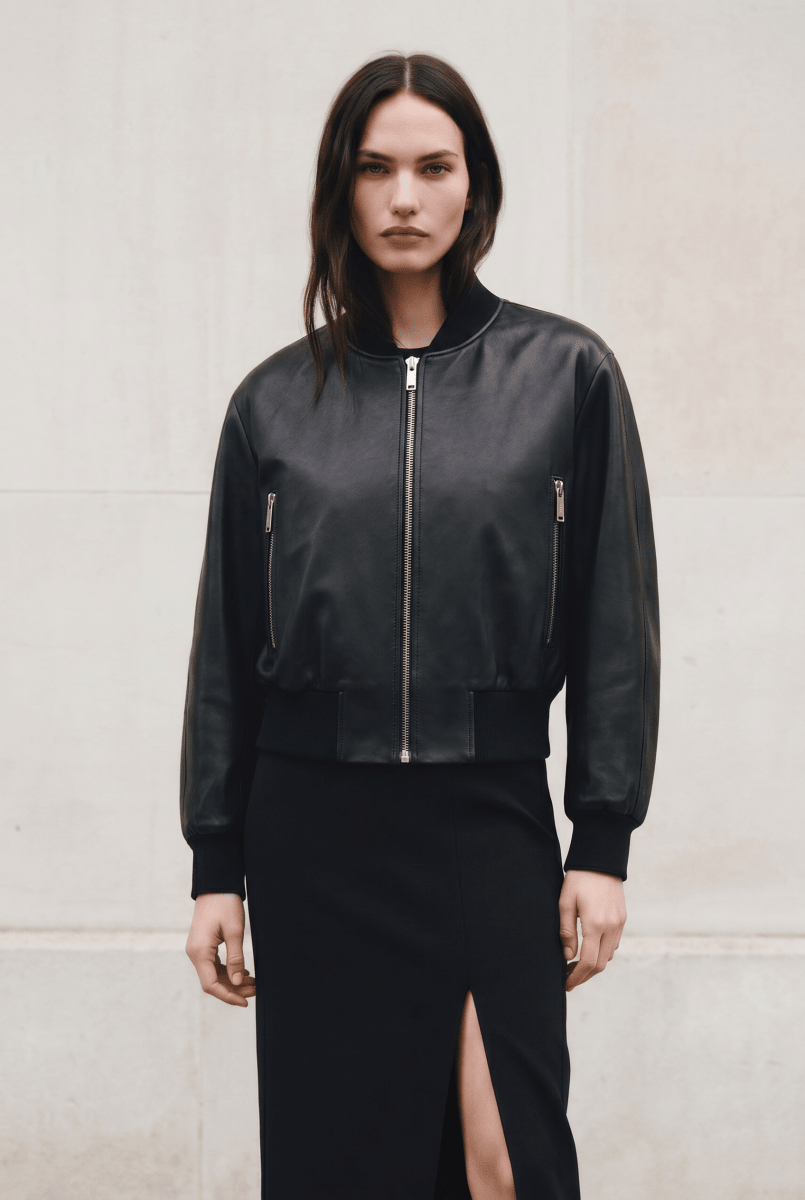 Riki Women's Cropped Bomber Leather Jacket - Black - Bigardini