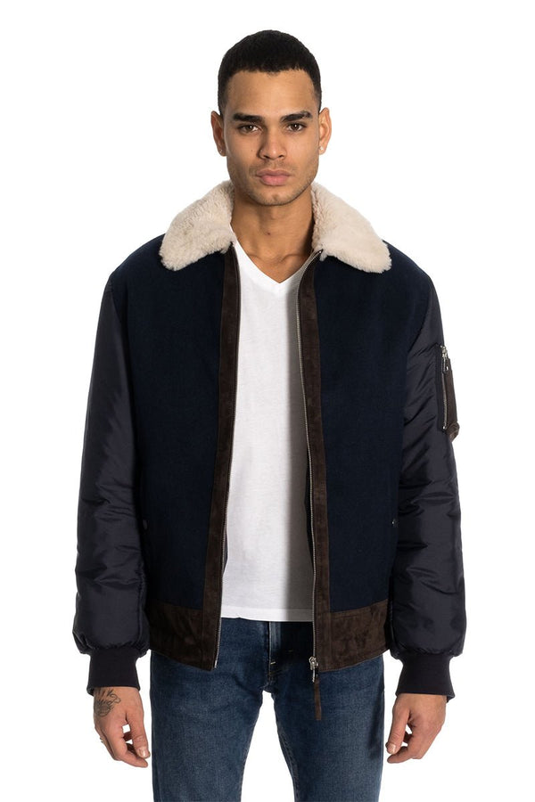 Robert Men's Aviator Wool Jacket - Navy Blue - Bigardini