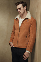 Ryan Men's Shearling Sheepskin Bomber Jacket - Mustard - Bigardini
