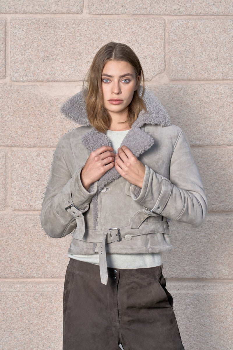 Sara Women's Curly Shearling Jacket - Rhino Gray - Bigardini