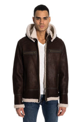 Sidney Men's Sheepskin Shearling Bomber Jacket with Detachable Hood - Brown - Bigardini