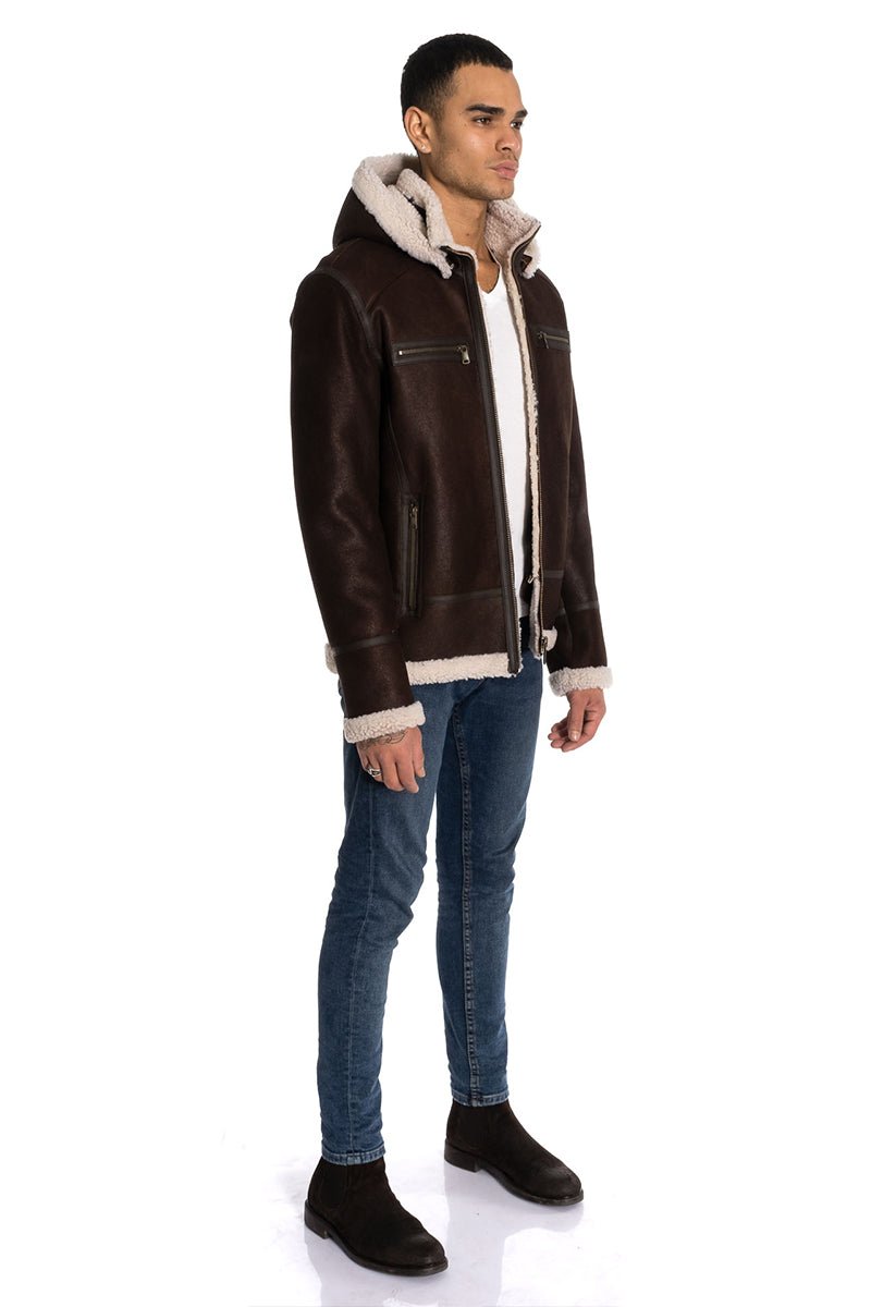 Sidney Men's Sheepskin Shearling Bomber Jacket with Detachable Hood - Brown - Bigardini