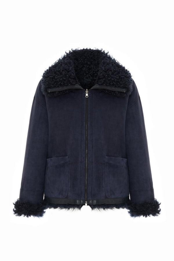 Siena Women's Reversible Shearling Jacket - Navy Blue - Bigardini