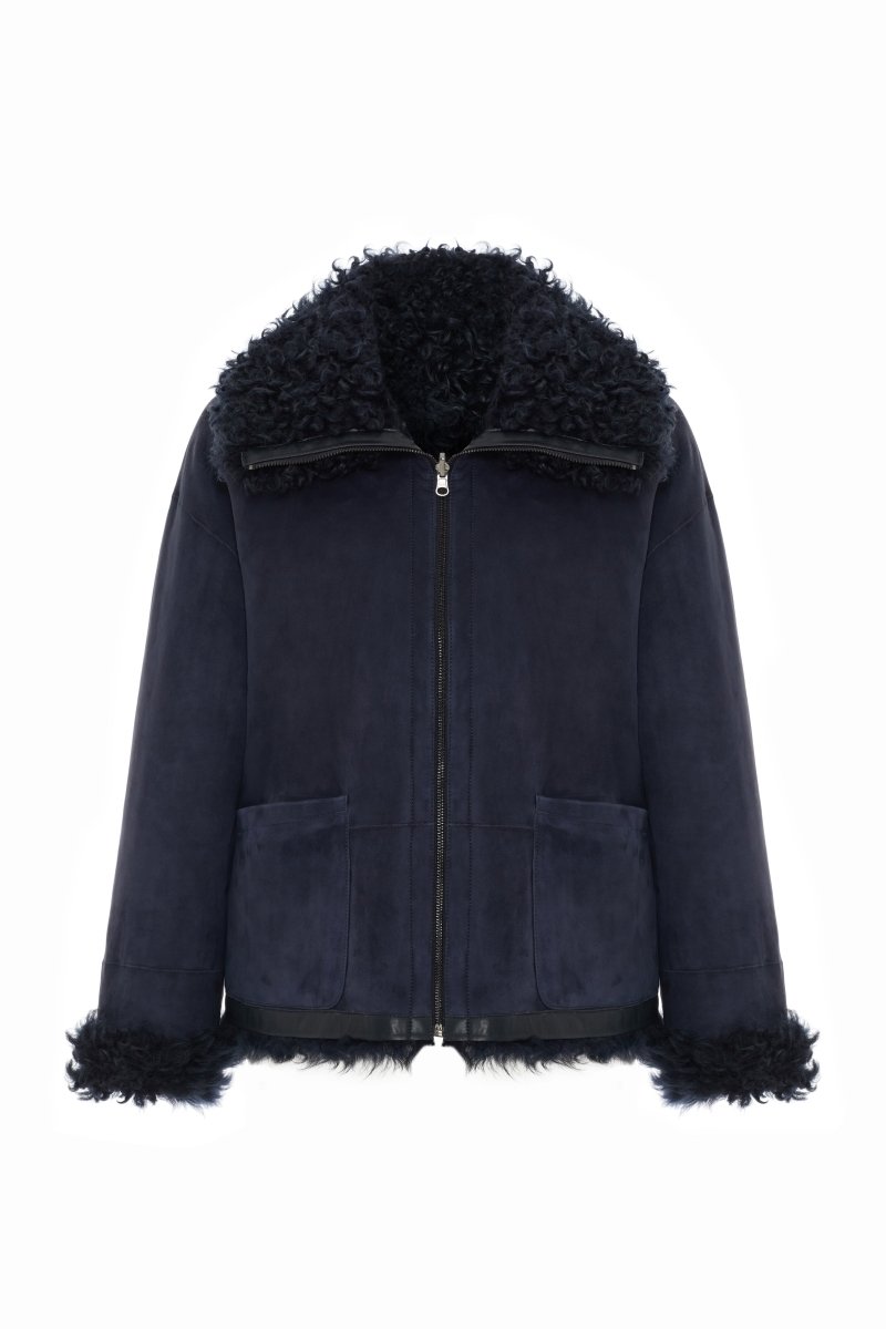 Siena Women's Reversible Shearling Jacket - Navy Blue - Bigardini
