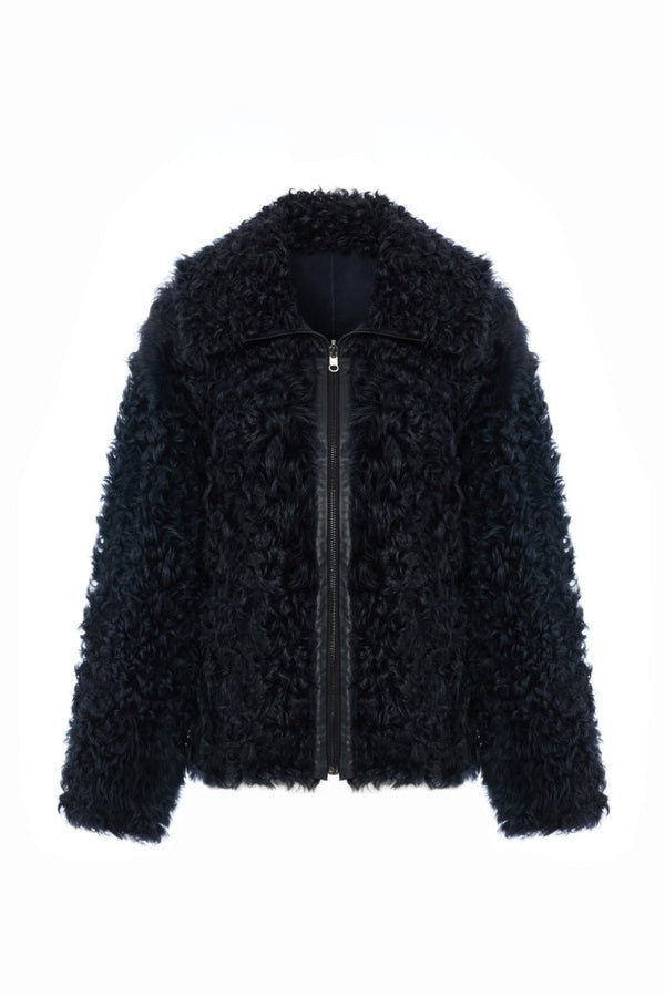 Siena Women's Reversible Shearling Jacket - Navy Blue - Bigardini