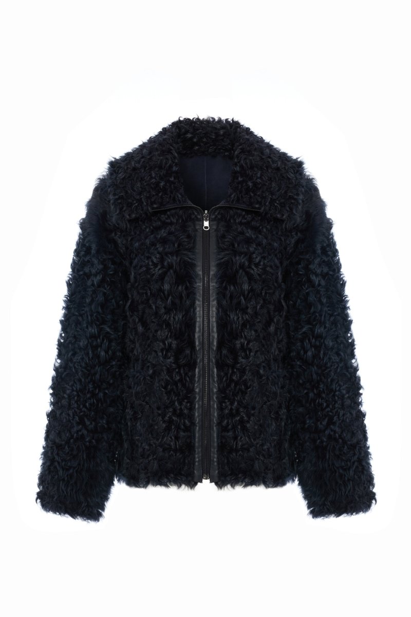 Siena Women's Reversible Shearling Jacket - Navy Blue - Bigardini