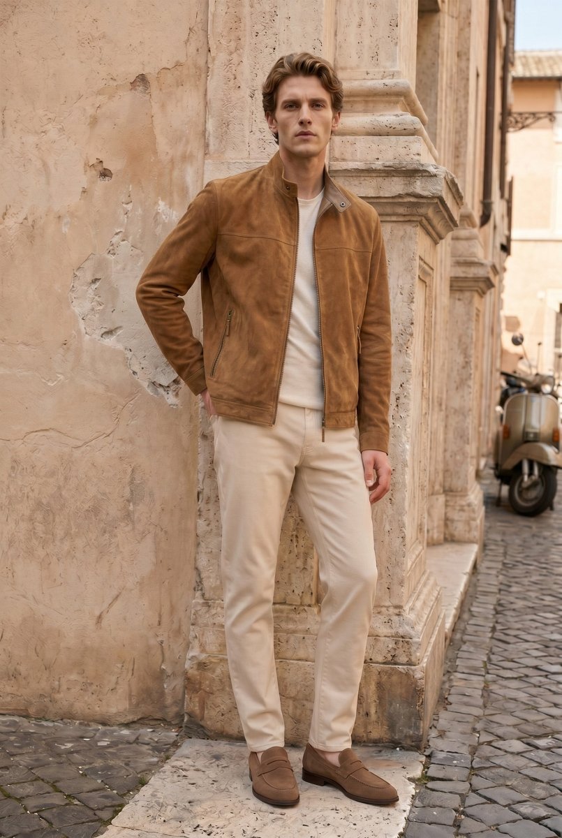 Silvo Men’s Suede Racer Jacket - Camel - Bigardini