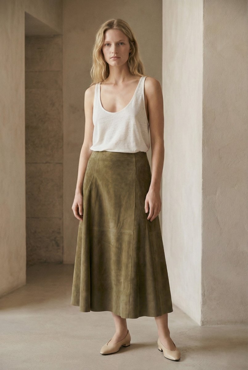 Talia Women’s Suede Leather Midi Skirt - Safari - Bigardini