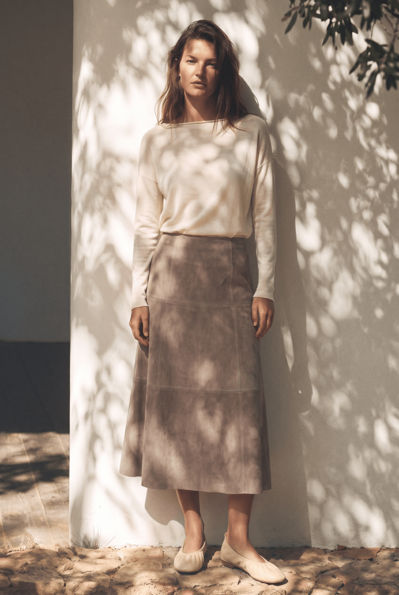 Talia Women’s Suede Leather Midi Skirt - Vison - Bigardini