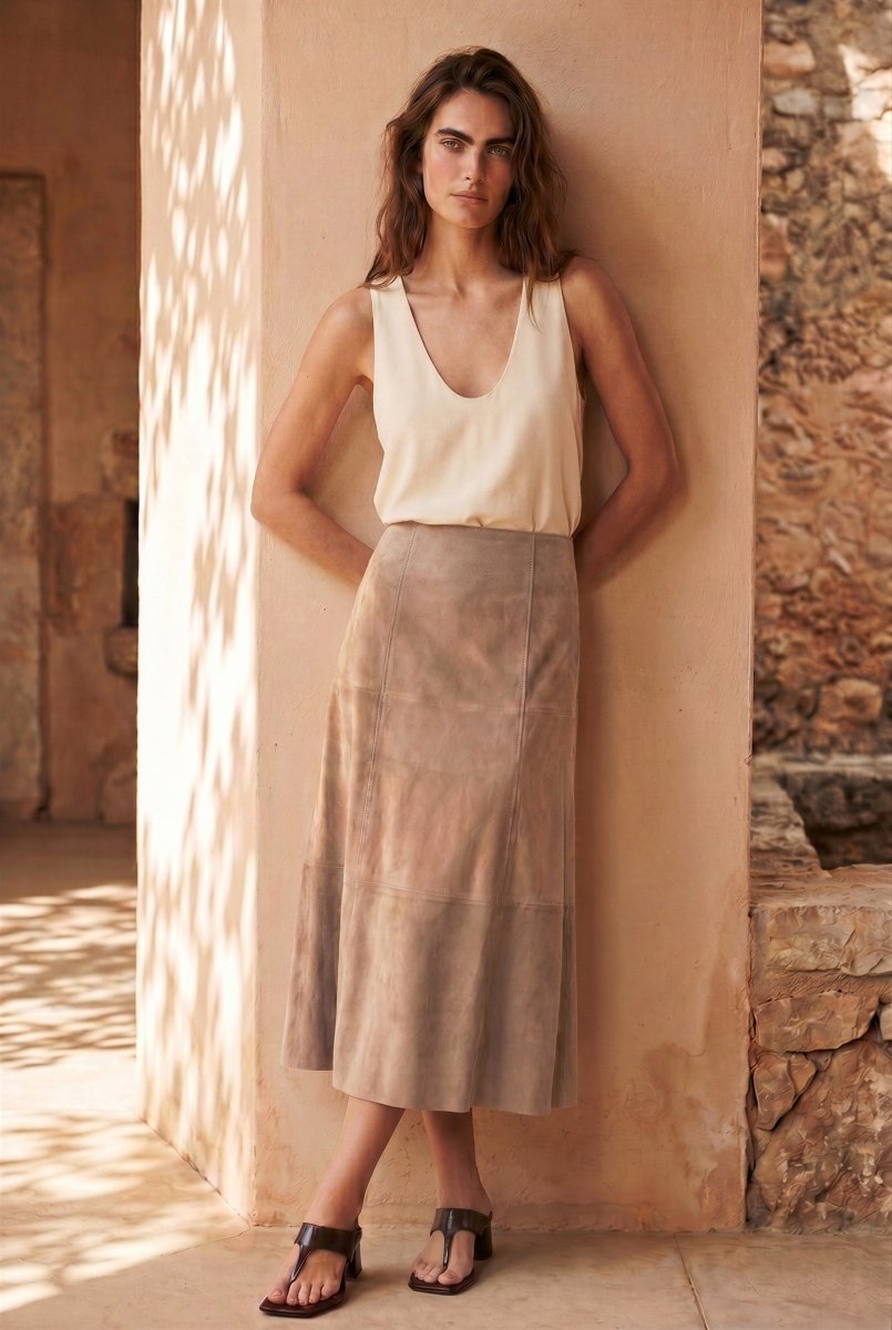 Talia Women’s Suede Leather Midi Skirt - Vison - Bigardini