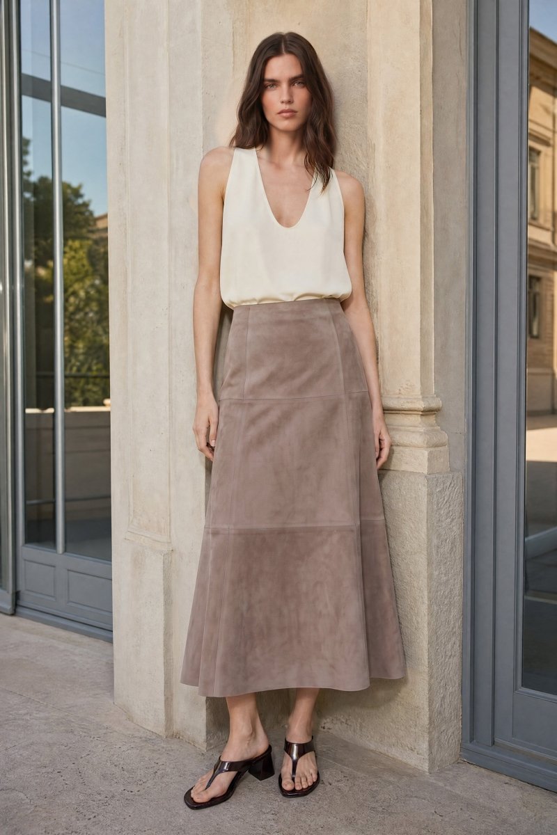 Talia Women’s Suede Leather Midi Skirt - Vison - Bigardini