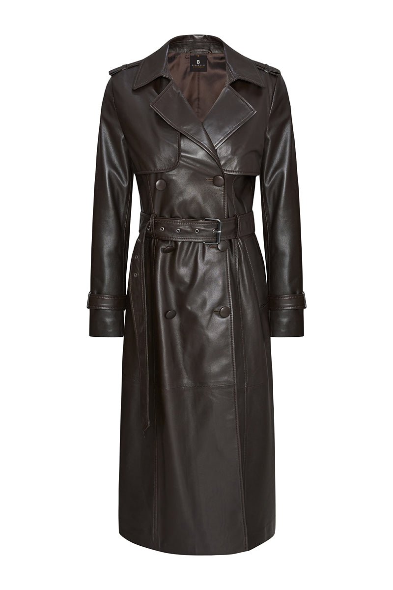 Victoria Women's Lambskin Leather Trench Coat - Dark Chocolate - Bigardini