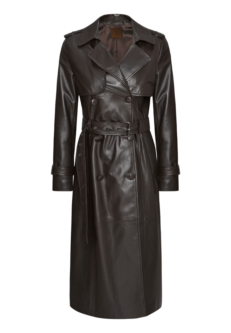 Victoria Women's Lambskin Leather Trench Coat - Dark Chocolate - Bigardini