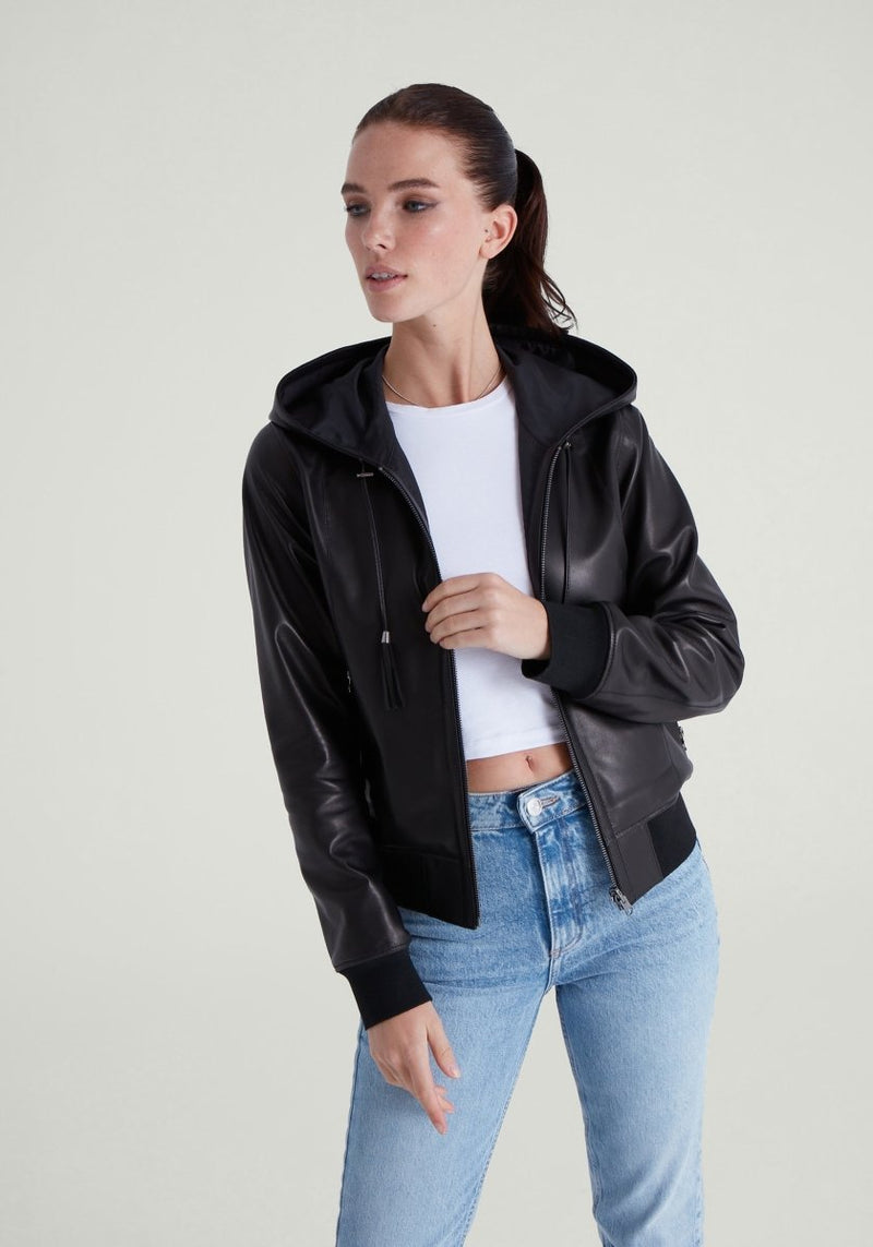 Liana Black Reversible Leather Jacket with Hood