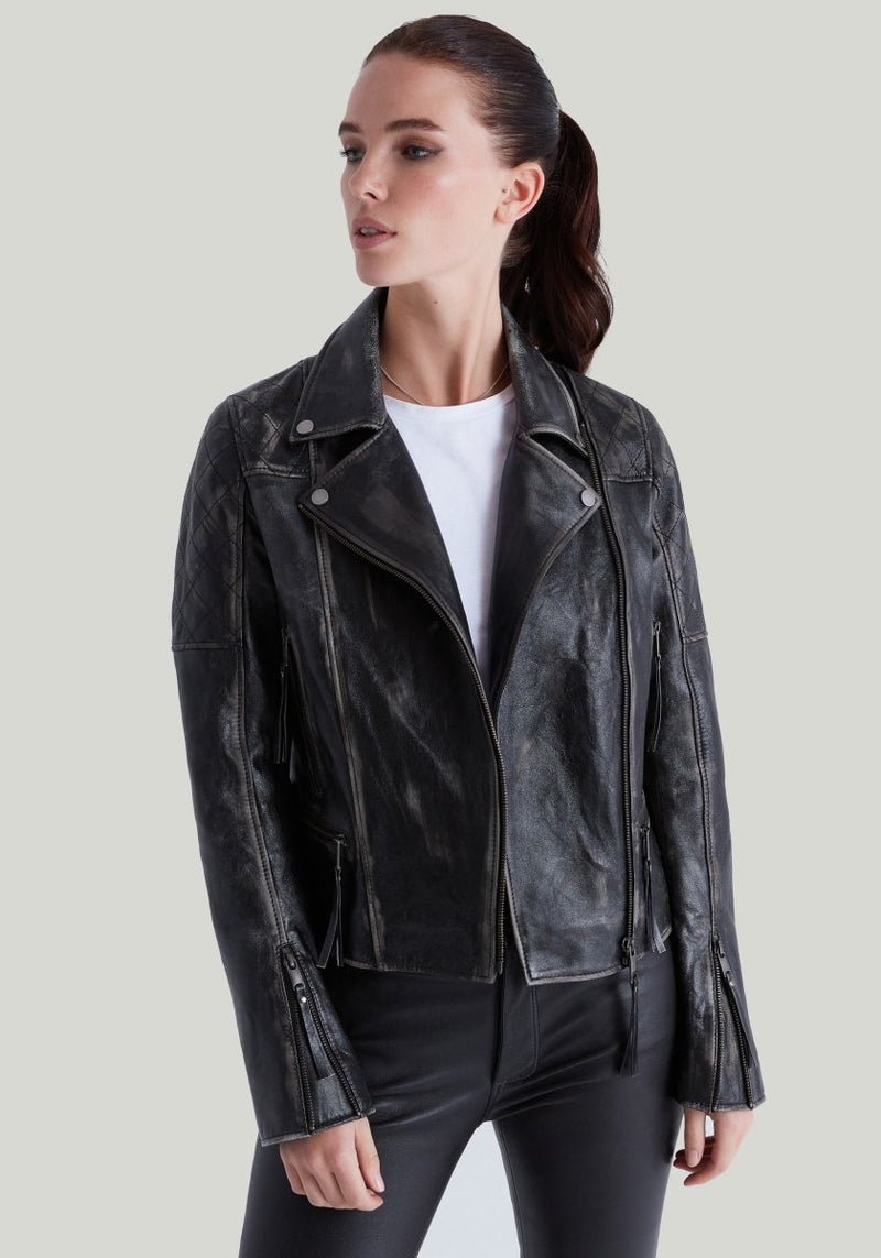 Sonya Distressed Lambskin Leather Biker Jacket - Bigardini