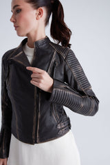 Women's Lambskin Distressed Leather Moto Jacket - Bigardini Leather